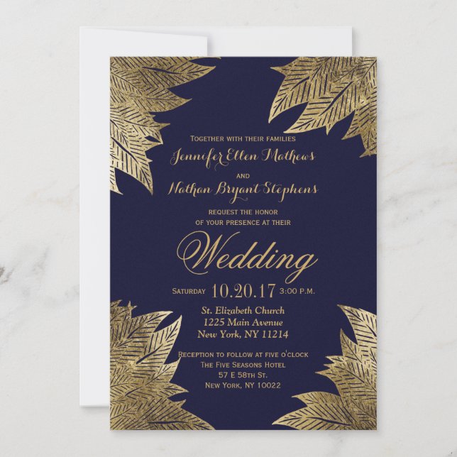 Folhas Douradas nos Convites de Casamento Azul de  (Frente)