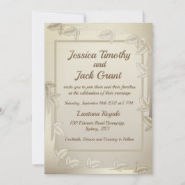 Folhas Elegantes no Convite Dourado para Casamento