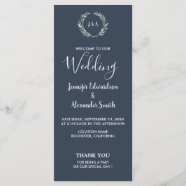 Folhas rústicas em programa de casamento azul-mari