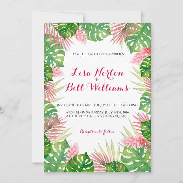 Folhas tropicais: convite para casamento por aquar (Frente)