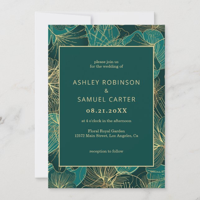 Folhas Verdes Azuis com Convite Dourado Para Casam (Frente)