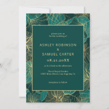 Folhas Verdes Azuis com Convite Dourado Para Casam