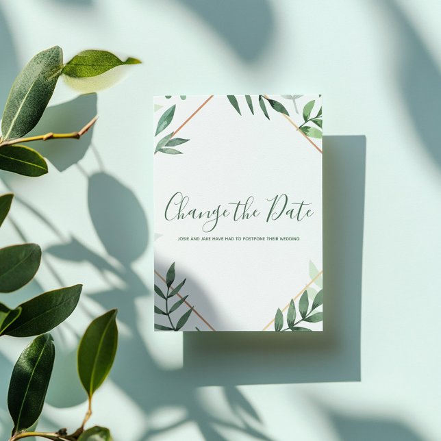 Folhas verdes e borda dourada mudam o cartão de da (Green leaves and gold border change the date card.)