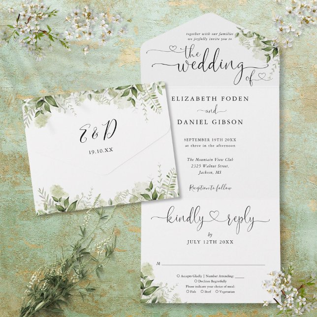 Folhas Verdes Elegante Roteiro Corações Casamento (Greenery Leaves Elegant Script Hearts Wedding All In One Invitation)