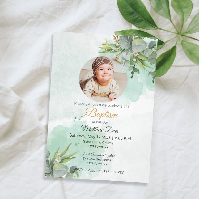Folhas verdes naturais com convite para o batismo  (Natural Green Leaves with Photo Baptism Invitation)