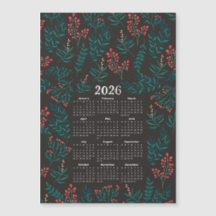 Folhas verdes no calendário de 2026 e preto floral