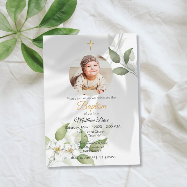 Folhas verdes simples com convite para batismo fot (Simple Green Leaves with photo Baptism Invitation)