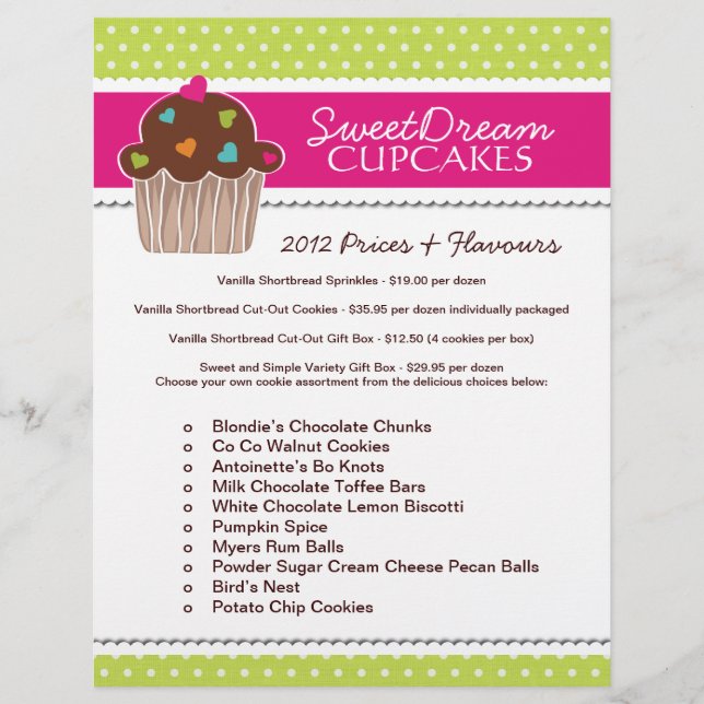 Folheto da Lista de Preços da Bakery do cupcake (Frente)