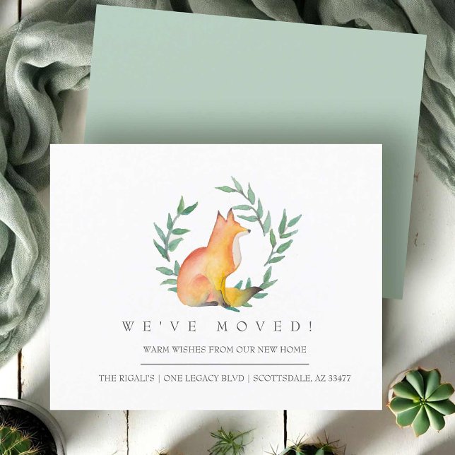 Folheto de Anúncio em Movimento Fox (moving announcement watercolor fox laurel wreath greenery art by Victoria Grigaliunas)