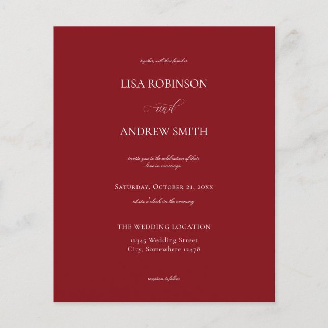 Folheto de Casamento de Caligrafia de Burgundia Or (Frente)