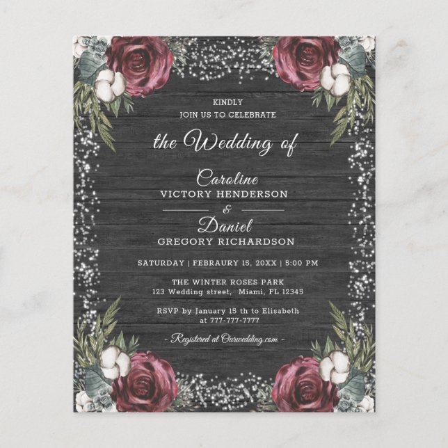 Folheto de Casamento Floral de Borgonha de inverno (Frente)