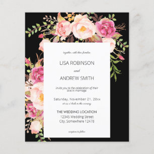 Folheto de Casamento V2, Preto Floral, Cor-de-rosa