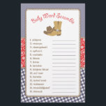 Folheto de Chá de fraldas do Word Scramble Cowboy<br><div class="desc">Este design de jogos de chá de fraldas apresenta botas de cowboy e um chapéu de cowboy em um fundo de gingham e paisley. A coleção de produtos de coordenação está disponível no nosso compro, zazzle.com/doodlelulu*. Entre em contato conosco se precisar deste design aplicado a um produto específico para criar...</div>