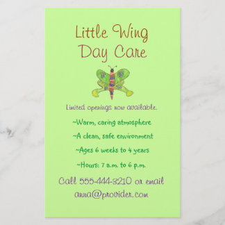 Folheto de cuidados infantis com tema borboleta