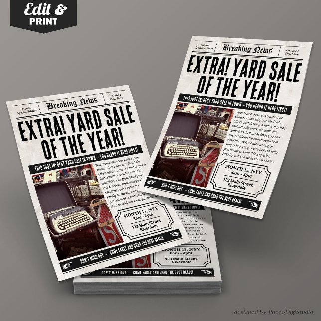 Folheto de eventos do jornal | Venda de Yard Comun (Newspaper Event Flyer | Retro Community Yard Sale)