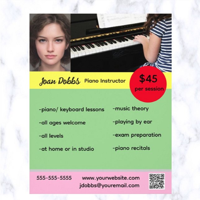 Folheto de Instrutor Piano Editável (This is a great way to advertise your piano lessons!)