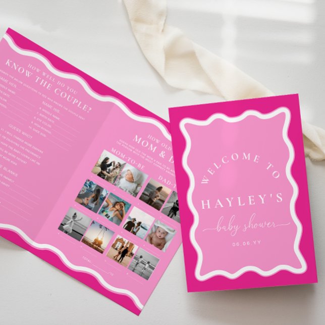 Folheto de Jogo de Chá de fraldas Rosa-Quente de O (Baby Shower Game Booklet Wave Hot Pink )