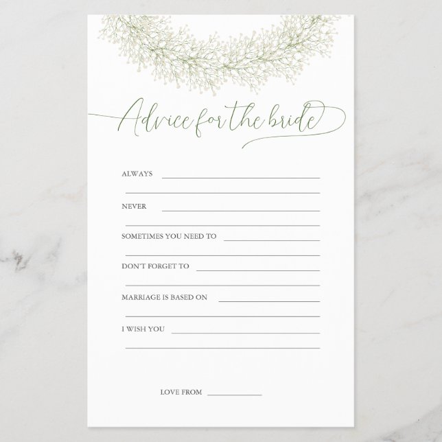 Folheto de Jogo para Chá de Noiva: Conselhos para  (Frente)