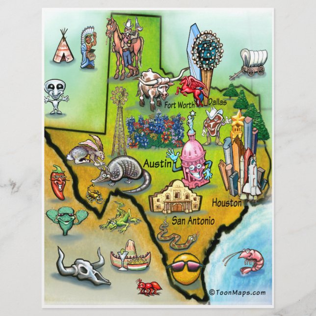 Folheto de Mapa do Texas Cartoon (Frente)