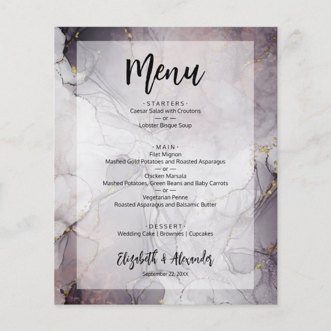 Folheto de Menu de Casamento com Mármore Econômico (Frente)