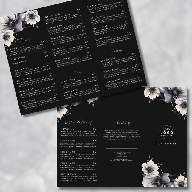 Folheto de Menu de Serviços de Spa Preto e Branco  (Elegant Black White Spa Services Menu Tri-Fold Flyer)