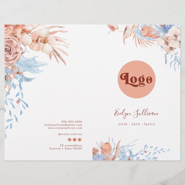 Folheto de menu Peach e de serviço tropical azul (Frente)