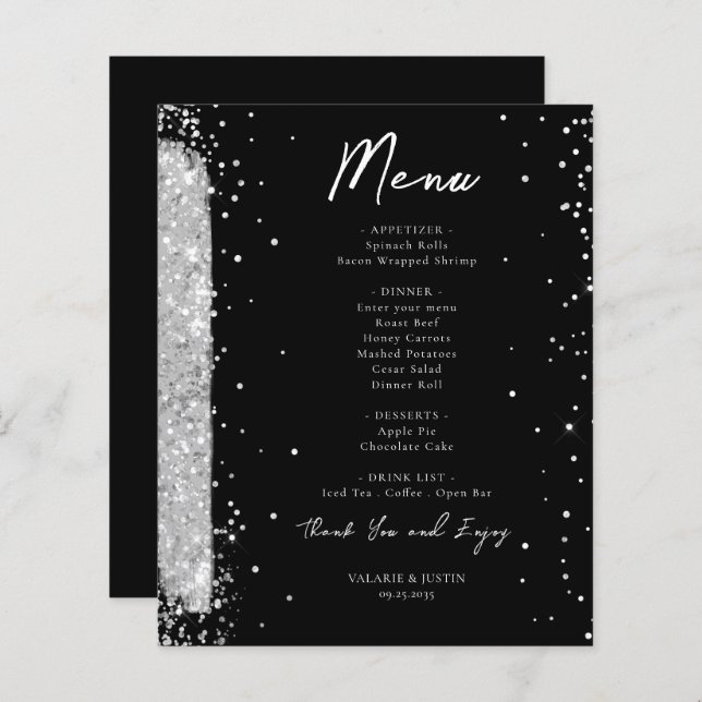 Folheto de Menu Silver e Black Glitter Wedding (Frente/Verso)