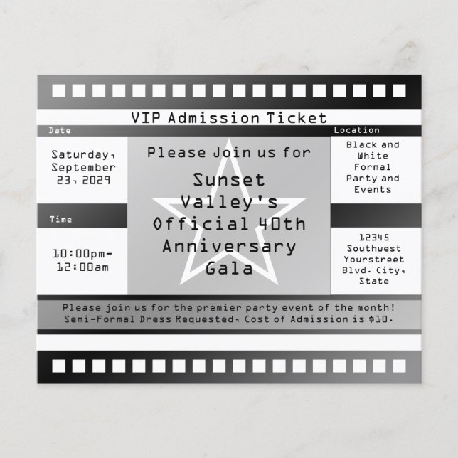 Folheto de Tíquete Estelar Impresso Preto/Branco (Frente)