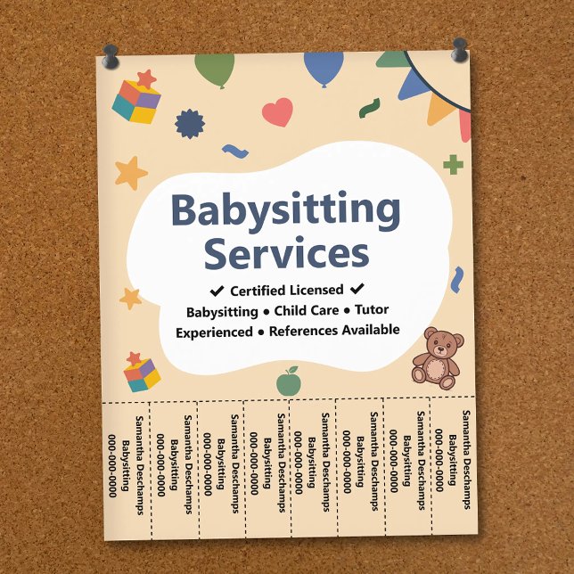 Folheto de Tiras para Desprender Serviço de Babá C (Colorful Babysitting Service Tear Off Strips Flyer)