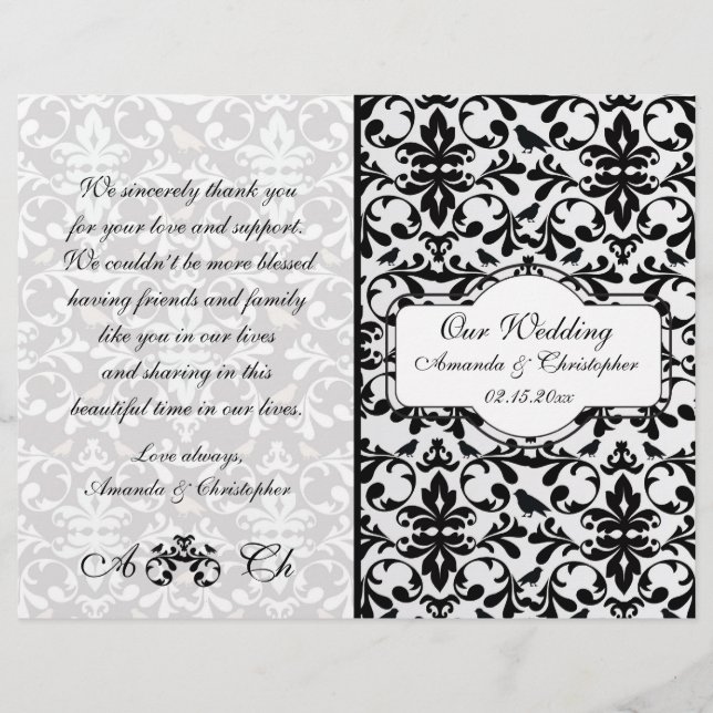 Folheto do casamento tema damasco branco preto (Frente)