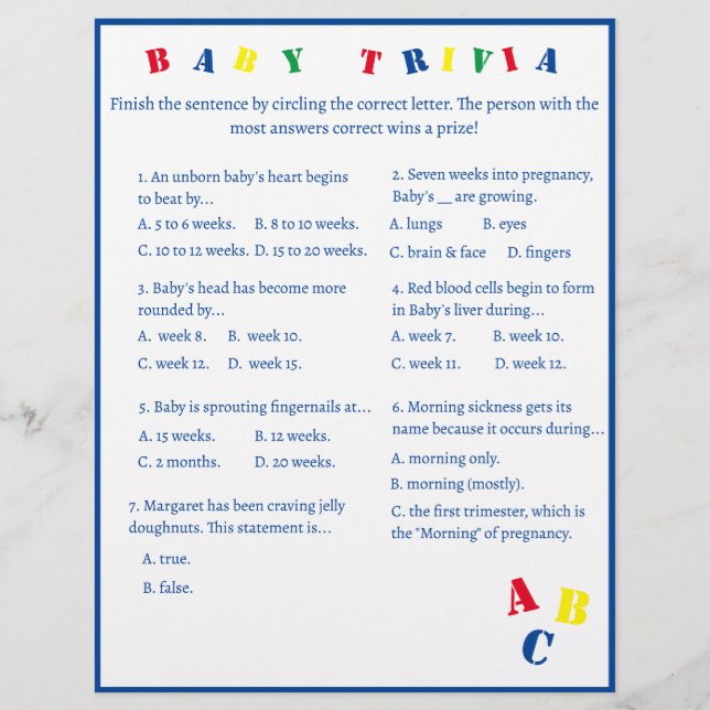 Folheto do Jogo de Trivia do Bebê ABC (Frente)