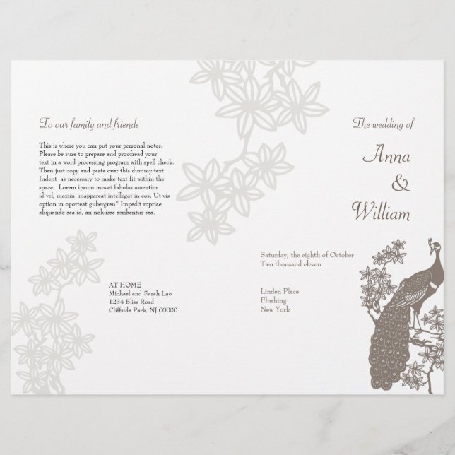 Folheto do Programa de Casamento de Peacock (Frente)