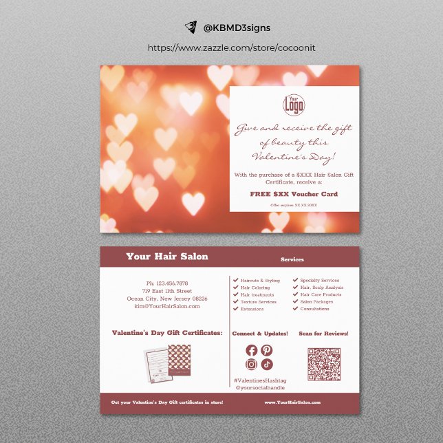 Folheto do Promocional do Certificado de Presente  (Valentine's Day Gift Certificate Promotional Flyer, Hair Salon Promotion)