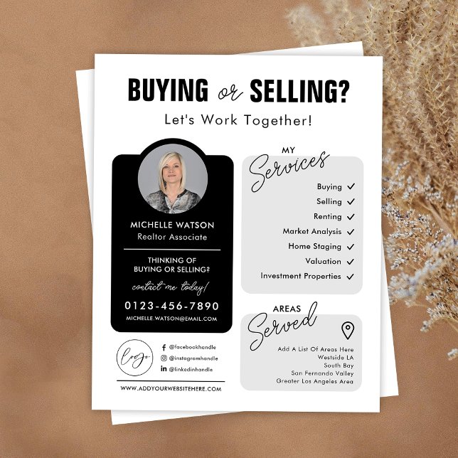 Folheto do Realtor de Fotos do Agente de Proprieda (Minimalist black and white real estate agent marketing flyer with your custom photo and logo)