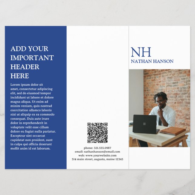 Folheto Moderno do Monograma Azul Simples (Frente)