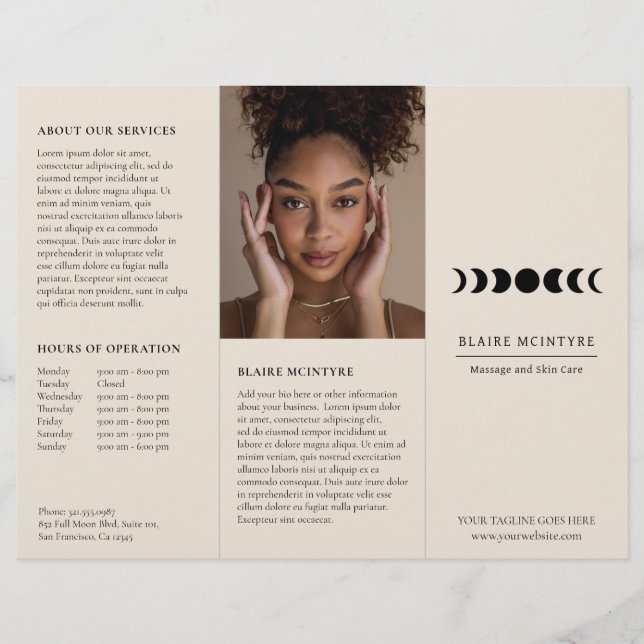 Folheto Triplo Elegante das Fases da Lua de Beige  (Frente)