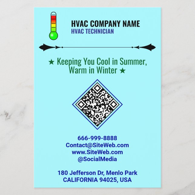 Folhetos profissionais HVAC (Código QR, Logotipo e (Frente)