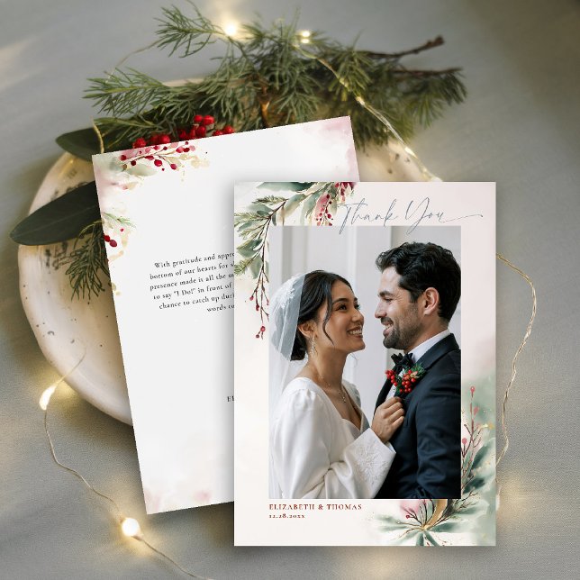 Folia de Inverno Vermelha Agradecimento de Natal C (winter christmas wedding bridal shower thank you card greenery botanical berries red green romantic)