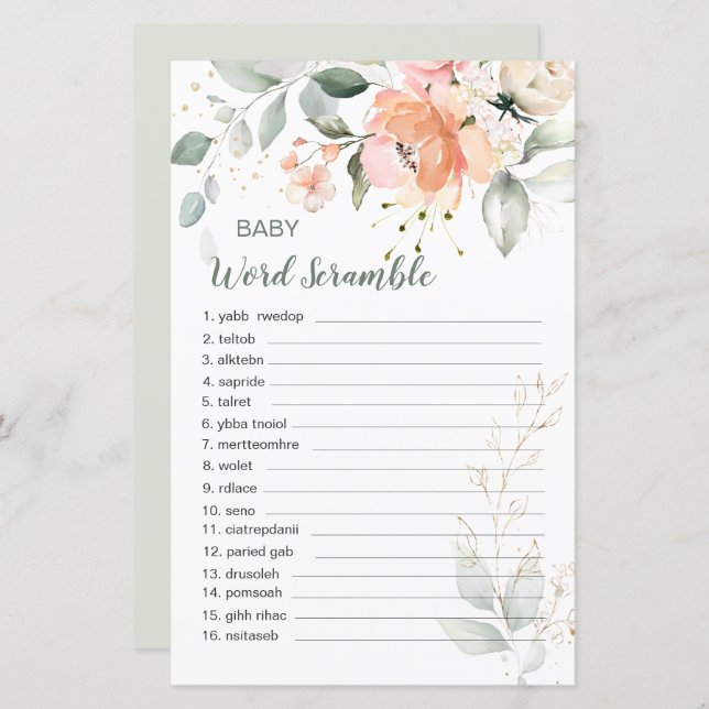 Foliage Floral Baby Word Scramble Paper Foliage (Frente/Verso)