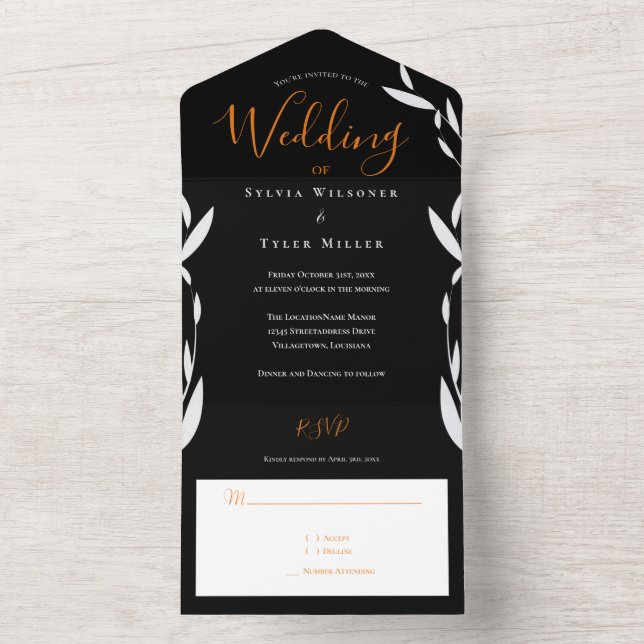 Foliage Orange Black Casamento Tudo Em Um Convite (Interno)