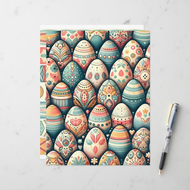 Folk Art Easter Ovos Scrapbook Paper (Frente/Verso In Situ)