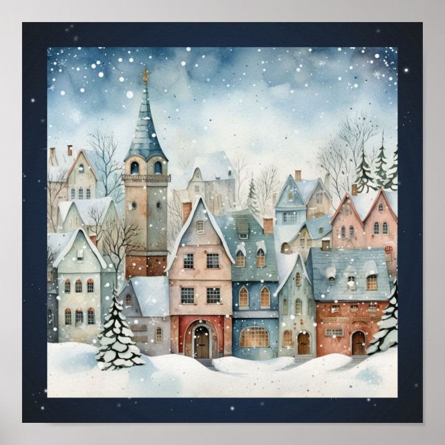 Folk Art Houses Snow Trees Poster (Frente)