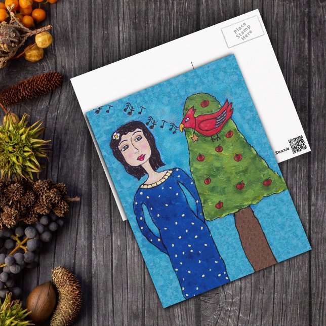 Folk Art Lady Apple Tree Red Bird Notas Musicais (Folk art lady apple tree singing red bird with star necklace, music notes on blue postcard)