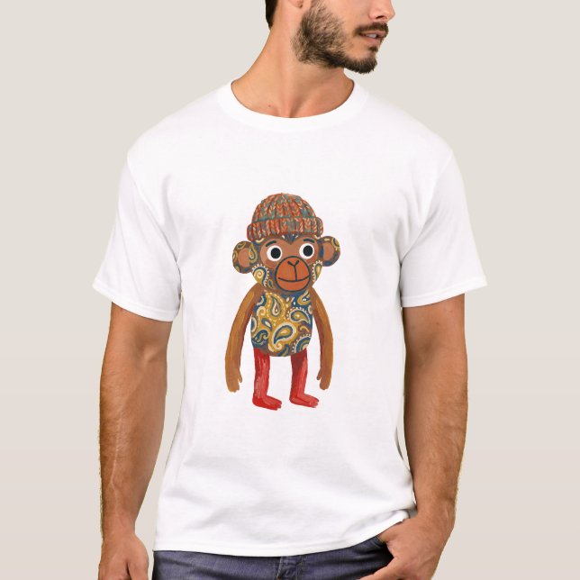 Folk Art Monkey Beanie T-Shirt (Frente)