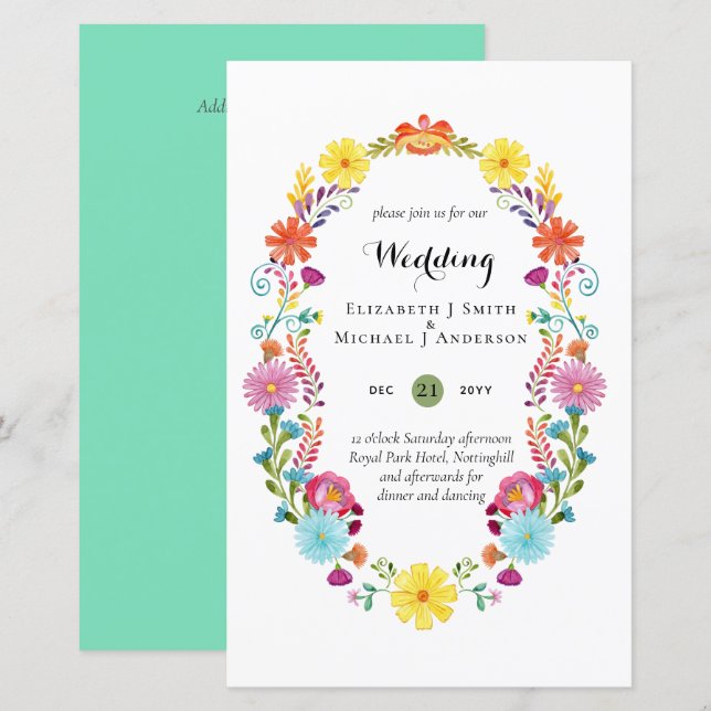 Folkart Flower Fiesta Convite De Casamento Boda (Frente/Verso)