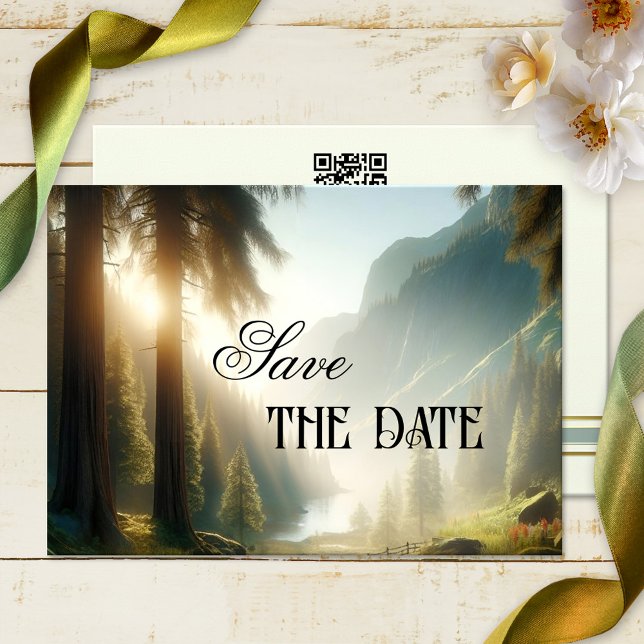 Forest Mountain Encantada Salve o Cartão de Data (A dreamy Save the Date card featuring a painting of an enchanted forest in the mountains - with QR)