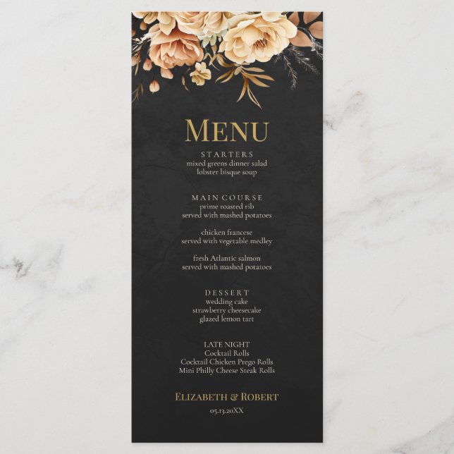 Forest Witch Black Floral Wedding Menu (Frente)