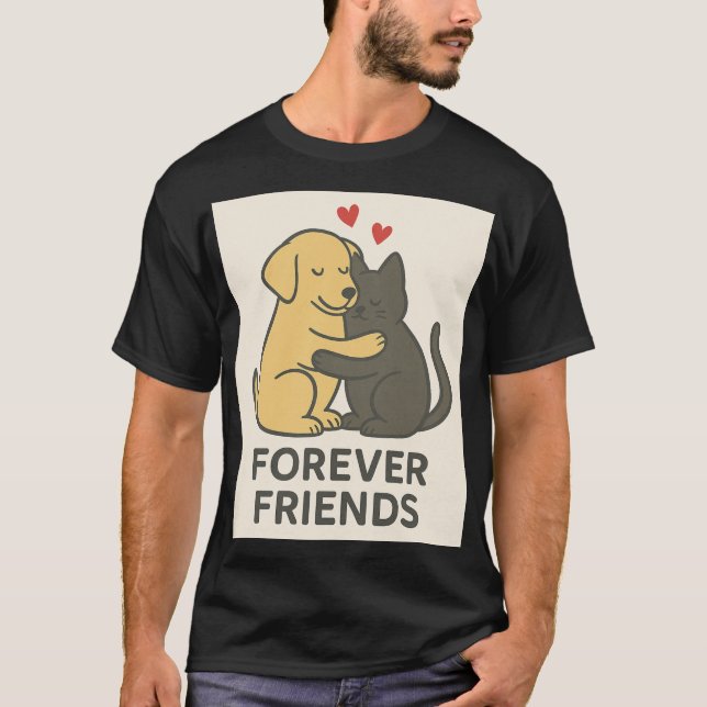Forever Friends Cat & Dog Hugging T-Shirt | Cute P (Frente)