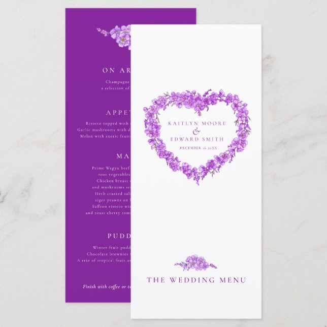 Forget-me-not heart purple white wedding menus (Frente/Verso)