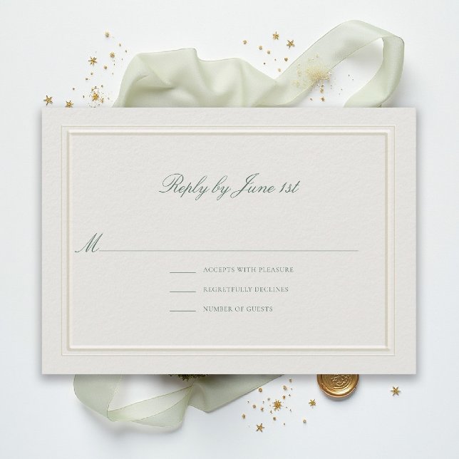 Formal Clássico Verde Elegante Ecru RSVP Casamento (modern classic wedding rsvp reply forest green type double frame ecru formal traditional stately)